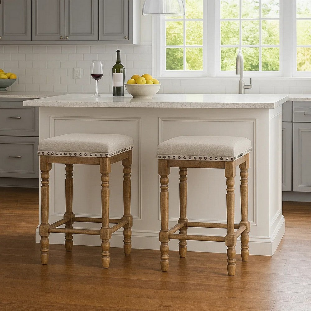 24 Inch Classic Wood Counter Height Stool, Upholstered, Set of 2, Gray - BM280327