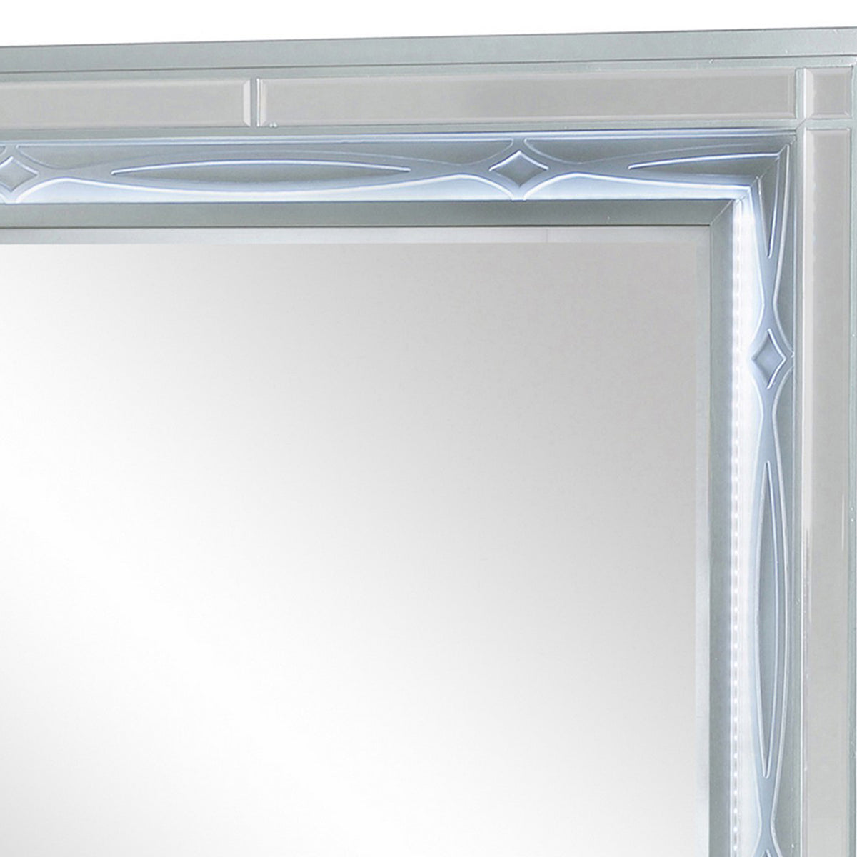 Gina 49 Inch Modern Mirror, Wood Frame, Built In Blue LED, Metallic Silver  - BM280370
