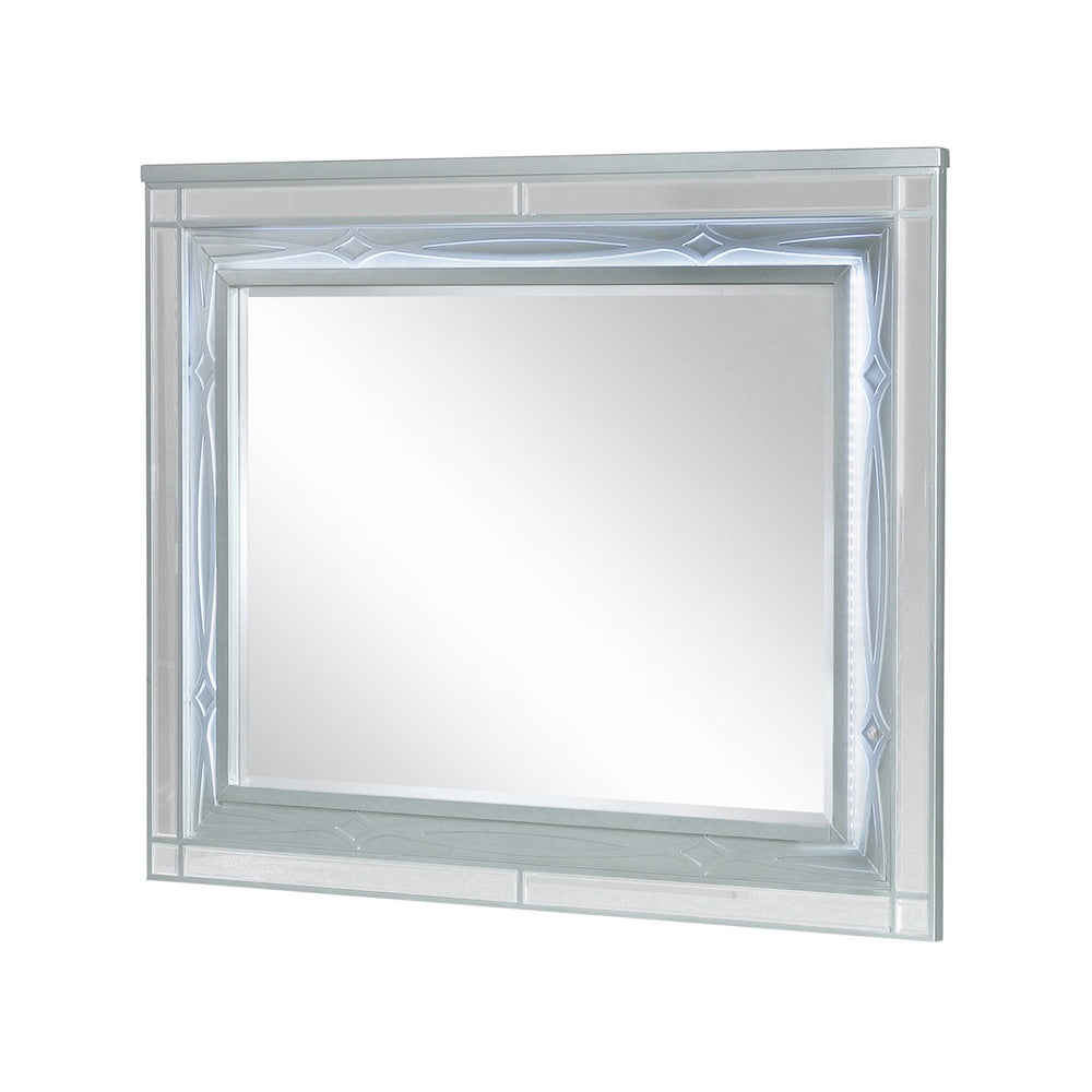 Gina 49 Inch Modern Mirror, Wood Frame, Built In Blue LED, Metallic Silver  - BM280370