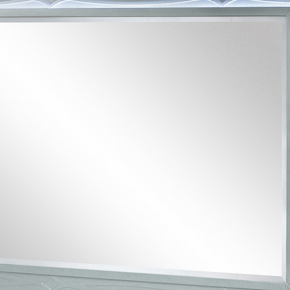 Gina 49 Inch Modern Mirror, Wood Frame, Built In Blue LED, Metallic Silver  - BM280370