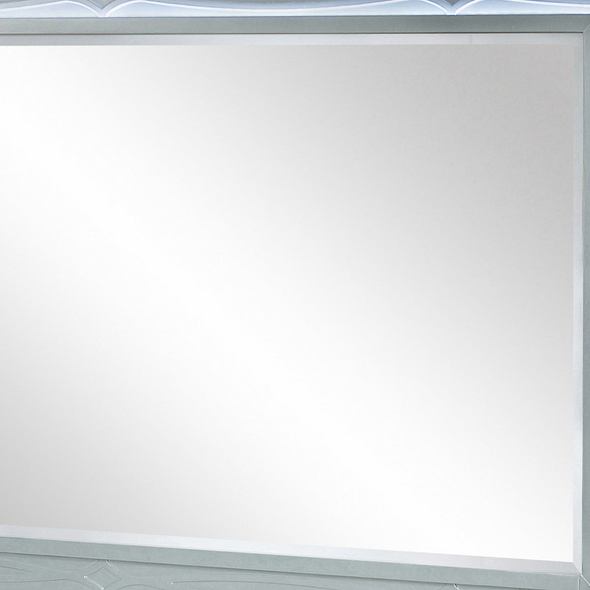 Gina 49 Inch Modern Mirror, Wood Frame, Built In Blue LED, Metallic Silver  - BM280370