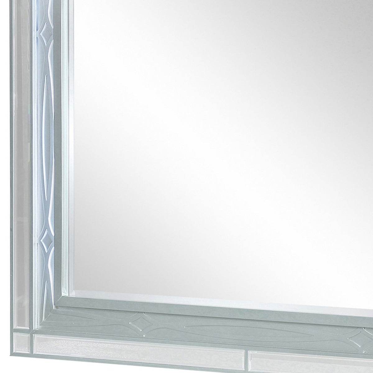 Gina 49 Inch Modern Mirror, Wood Frame, Built In Blue LED, Metallic Silver  - BM280370