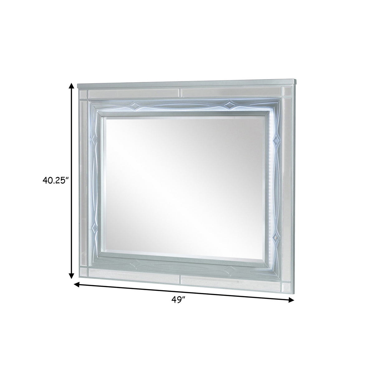 Gina 49 Inch Modern Mirror, Wood Frame, Built In Blue LED, Metallic Silver  - BM280370