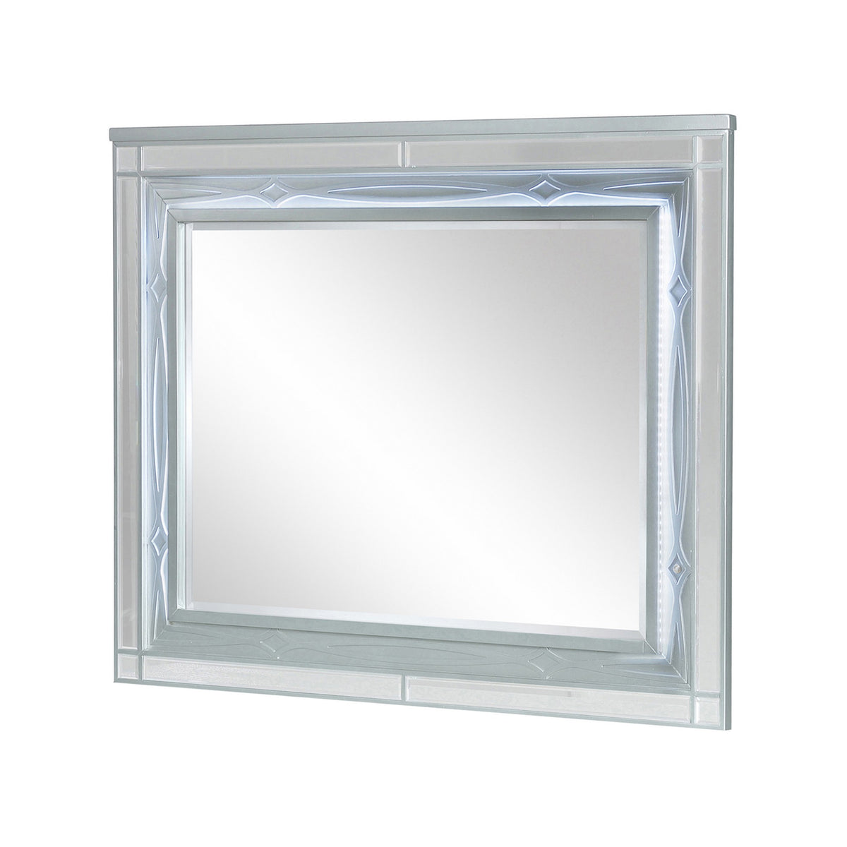 Gina 49 Inch Modern Mirror, Wood Frame, Built In Blue LED, Metallic Silver  - BM280370