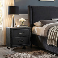 Cale 26 Inch Modern Glam Wood Nightstand, Nailhead, Gray Velvet Upholstered - BM280485