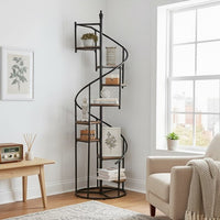 69 Inch Wood Bookcase, Spiral Metal Frame, Staircase Design, Brown - BM280493