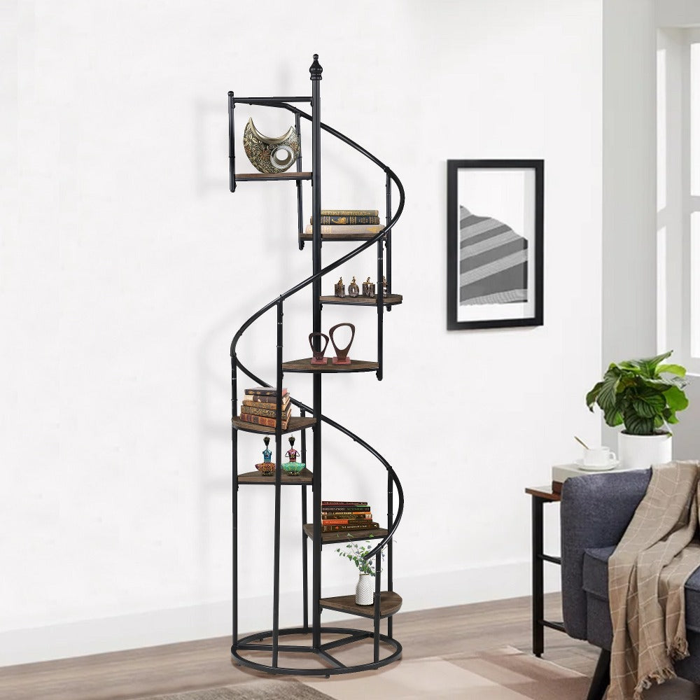 69 Inch Wood Bookcase, Spiral Metal Frame, Staircase Design, Brown - BM280493