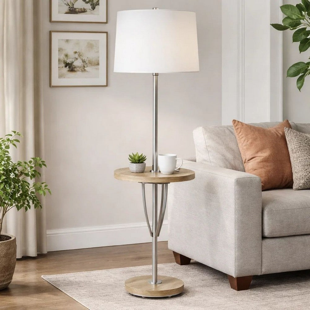 Charlie 61 Inch Modern Floor Lamp, Wood Table, 1 USB, Glossy, White, Brown - BM280525