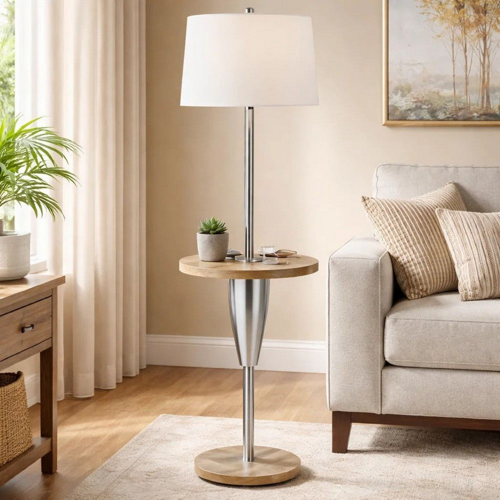 Charlie 61 Inch Modern Floor Lamp, Wood Table, 1 USB, Glossy, White, Brown - BM280525