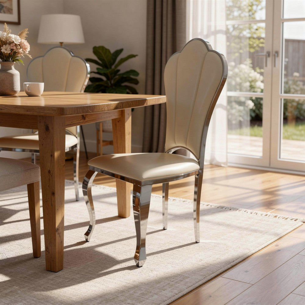 Kuri 23 Inch Dining Chair, Scalloped Back, Vegan Leather, Set of 2, Beige - BM281973