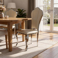 Kuri 23 Inch Dining Chair, Scalloped Back, Vegan Leather, Set of 2, Beige - BM281973