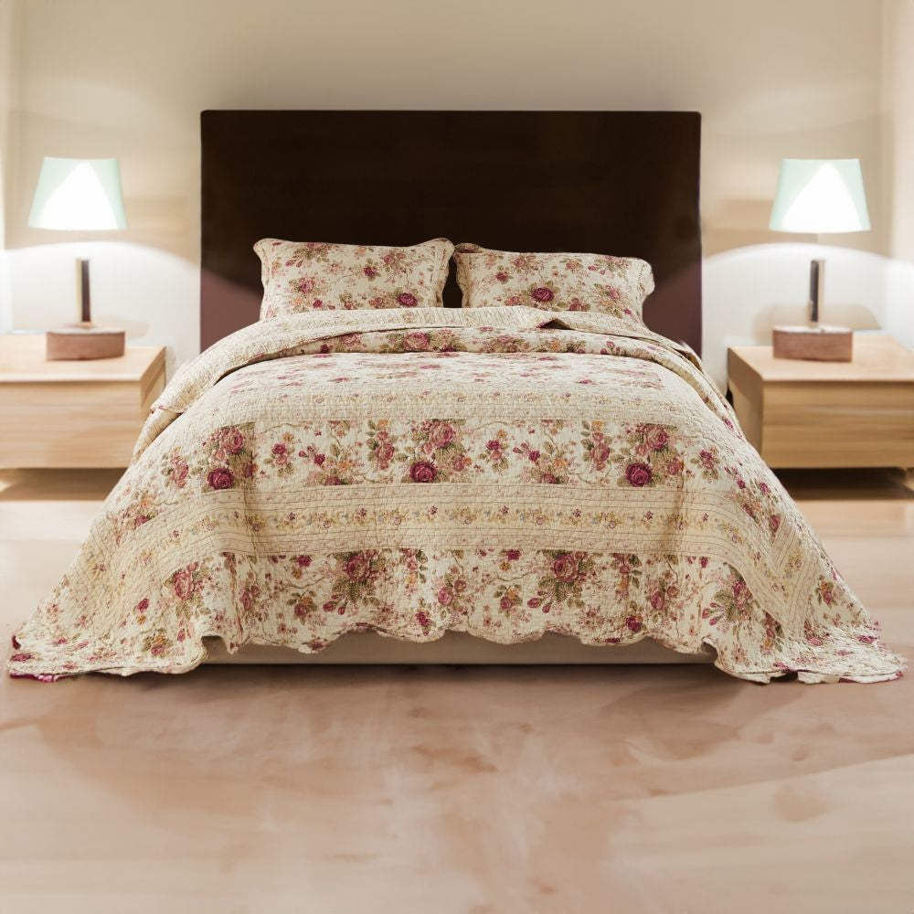 Rosle 3 Piece King Bedspread Set, Floral Print, Scalloped, Cream, Pink - BM281989
