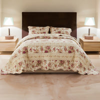 Rosle 3 Piece King Bedspread Set, Floral Print, Scalloped, Cream, Pink - BM281989