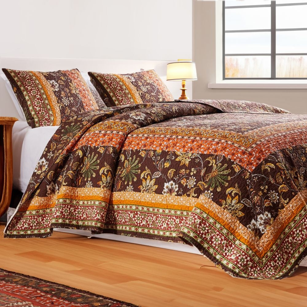 Dill 2 Piece Twin Quilt Set, Bohemian, Jacobean Floral Print, Brown, Orange - BM281995