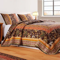 Dill 2 Piece Twin Quilt Set, Bohemian, Jacobean Floral Print, Brown, Orange - BM281995