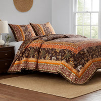 3 Piece King Quilt Set, Bohemian, Jacobean Floral Print, Brown, Orange - BM281997
