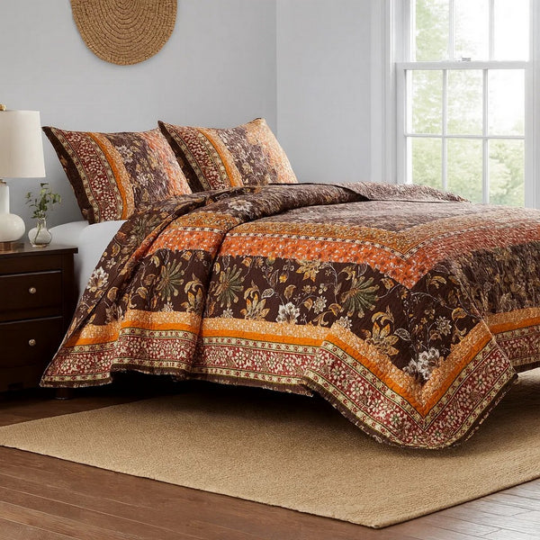 3 Piece King Quilt Set, Bohemian, Jacobean Floral Print, Brown, Orange - BM281997