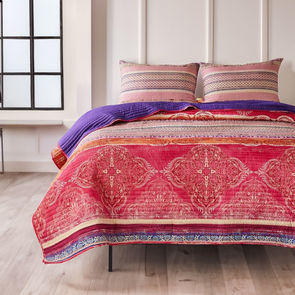 Dora 3 Piece Bohemian Full Quilt Set, Medallion, Paisley, Pink, Blue - BM282002
