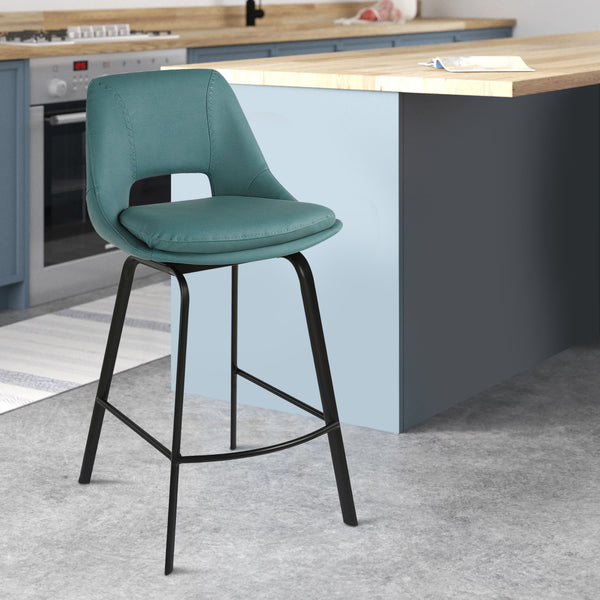 Ayn 30 Inch Modern Bar Stool, Vegan Faux Leather, Swivel, Metal, Blue - BM282101