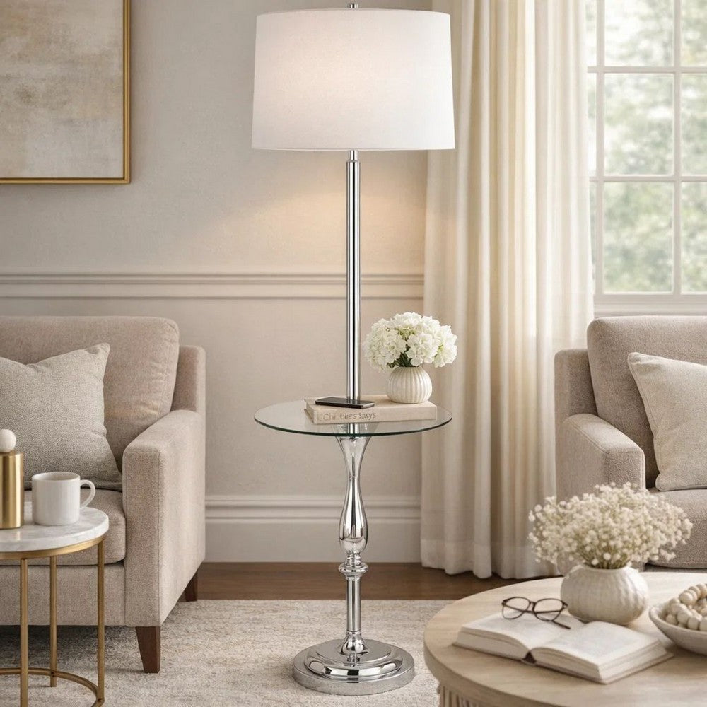 Ava 61 Inch Modern Floor Lamp, Glass Tray Table, 1 USB Port, Glossy, Chrome - BM282145
