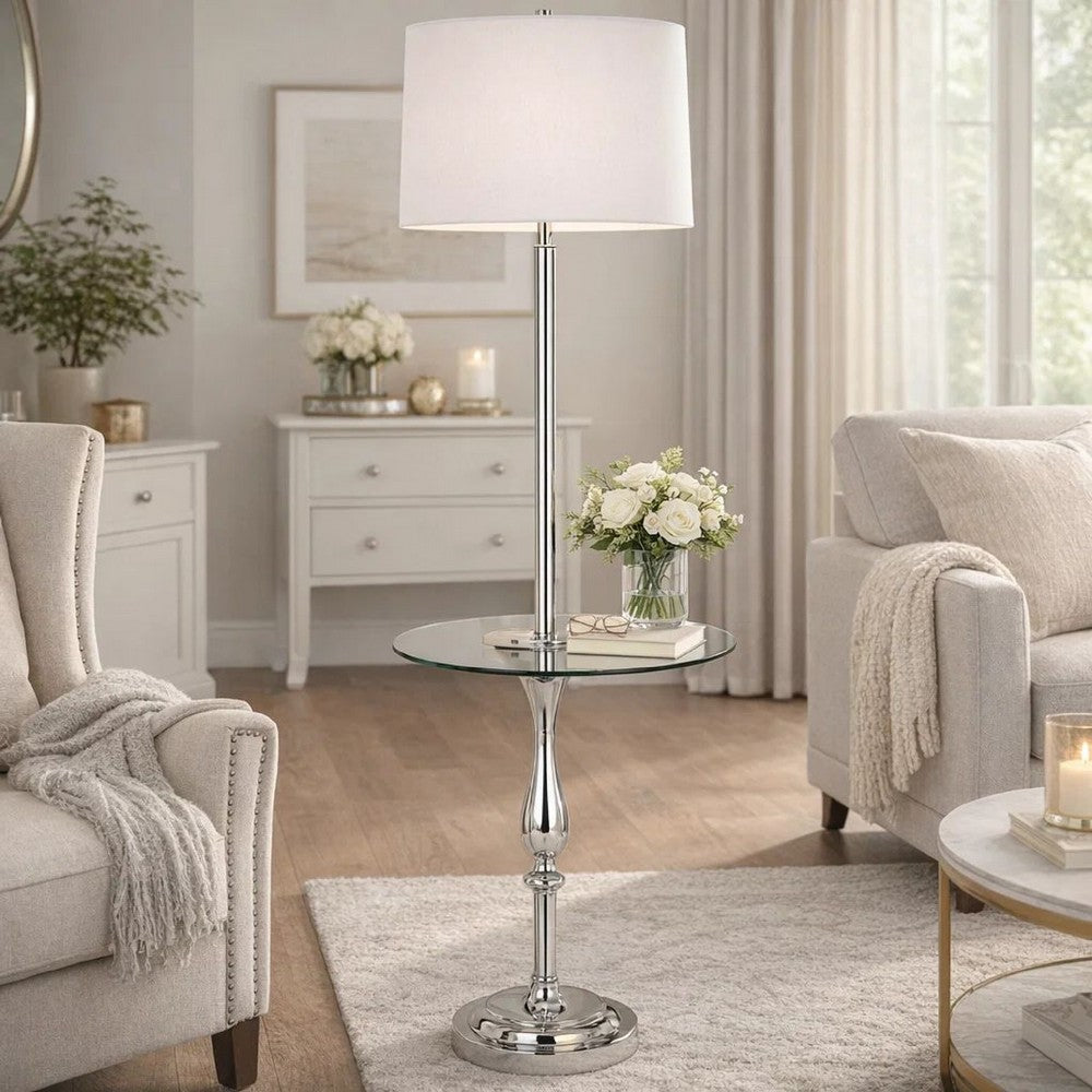 Ava 61 Inch Modern Floor Lamp, Glass Tray Table, 1 USB Port, Glossy, Chrome - BM282145