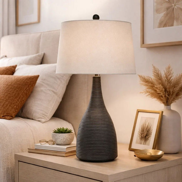 29 Inch Classic Table Lamp, Textured Lined Body, Ceramic, Charcoal Black - BM282153