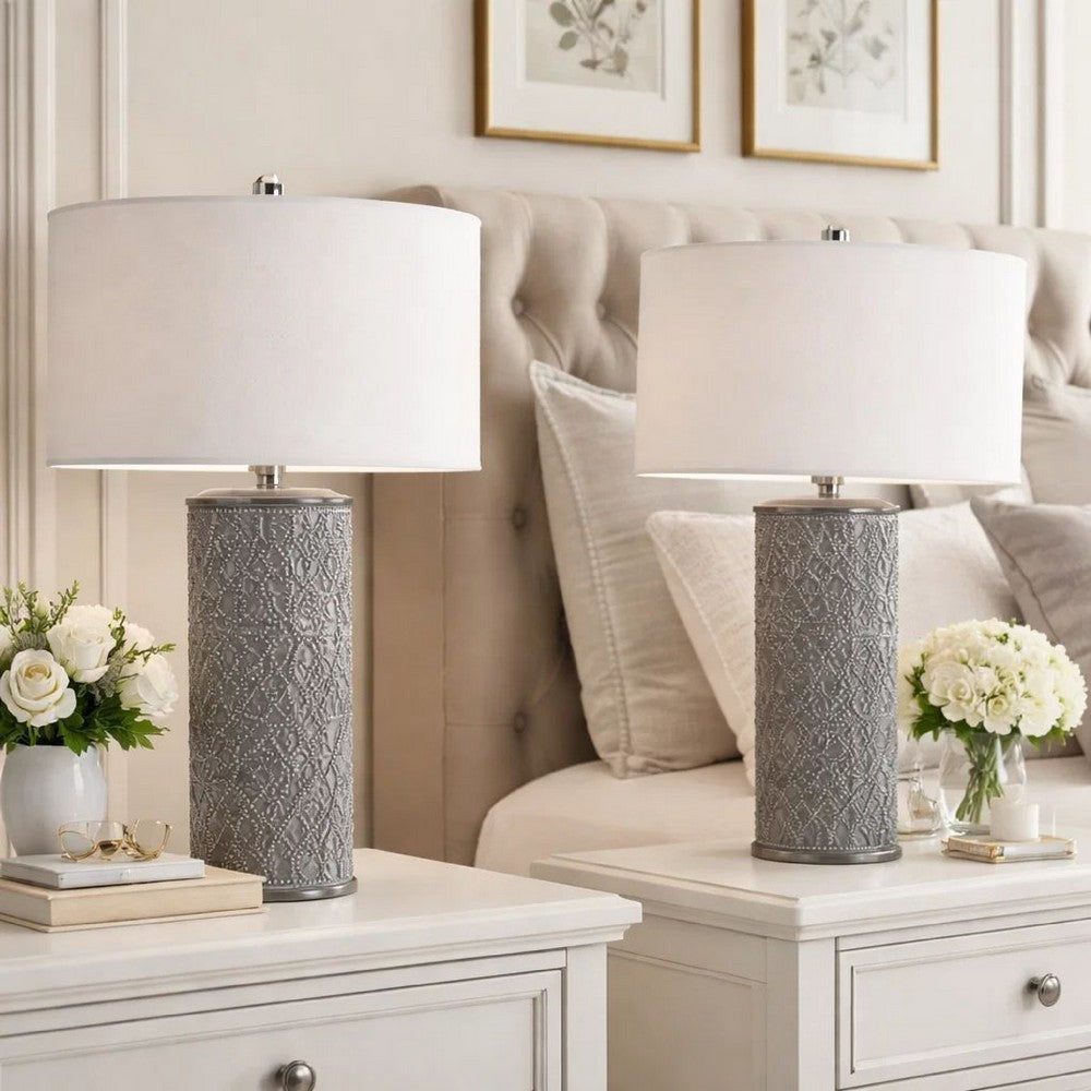 29 Inch Accent Table Lamp Set of 2, Tall Cylinder, Ball Finial Accent, Gray - BM282155