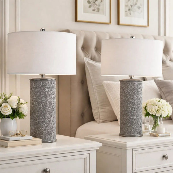 29 Inch Accent Table Lamp Set of 2, Tall Cylinder, Ball Finial Accent, Gray - BM282155
