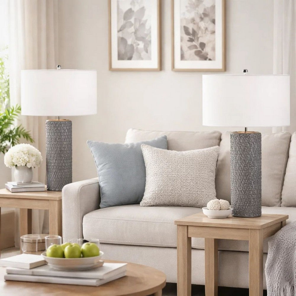 29 Inch Accent Table Lamp Set of 2, Tall Cylinder, Ball Finial Accent, Gray - BM282155