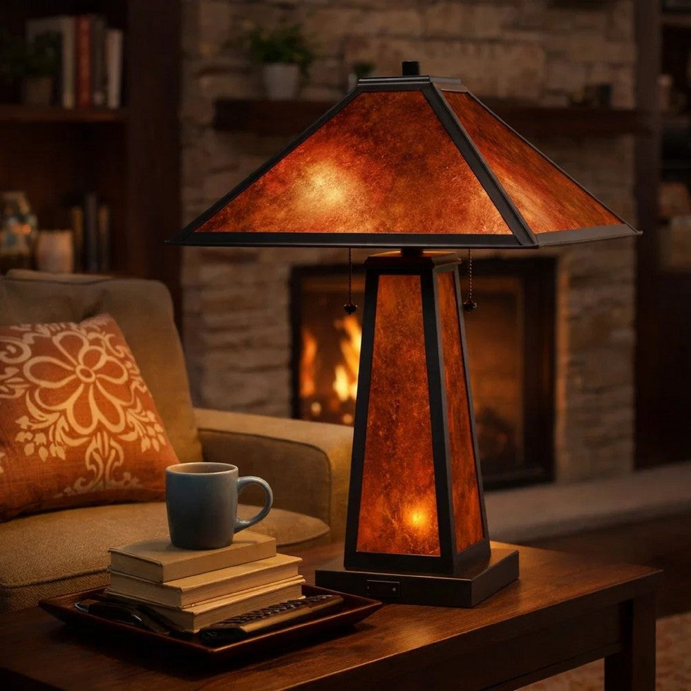 24 Inch Elegant Mica Table Lamp With Night Light, Pull Chain Switch - BM282161