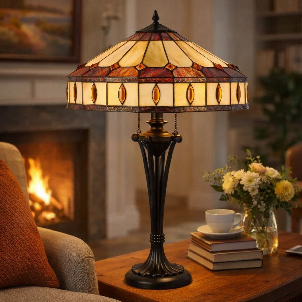 Benjara Xia 26 Inch Tiffany Style Vintage Table Lamp, Glass Shade