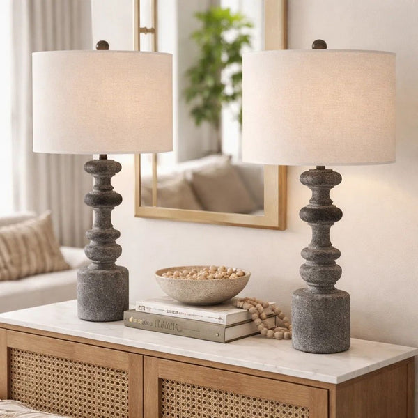 31 Inch Accent Table Lamp, Resin Turned Base, Set of 2, Beige, Gray - BM282179
