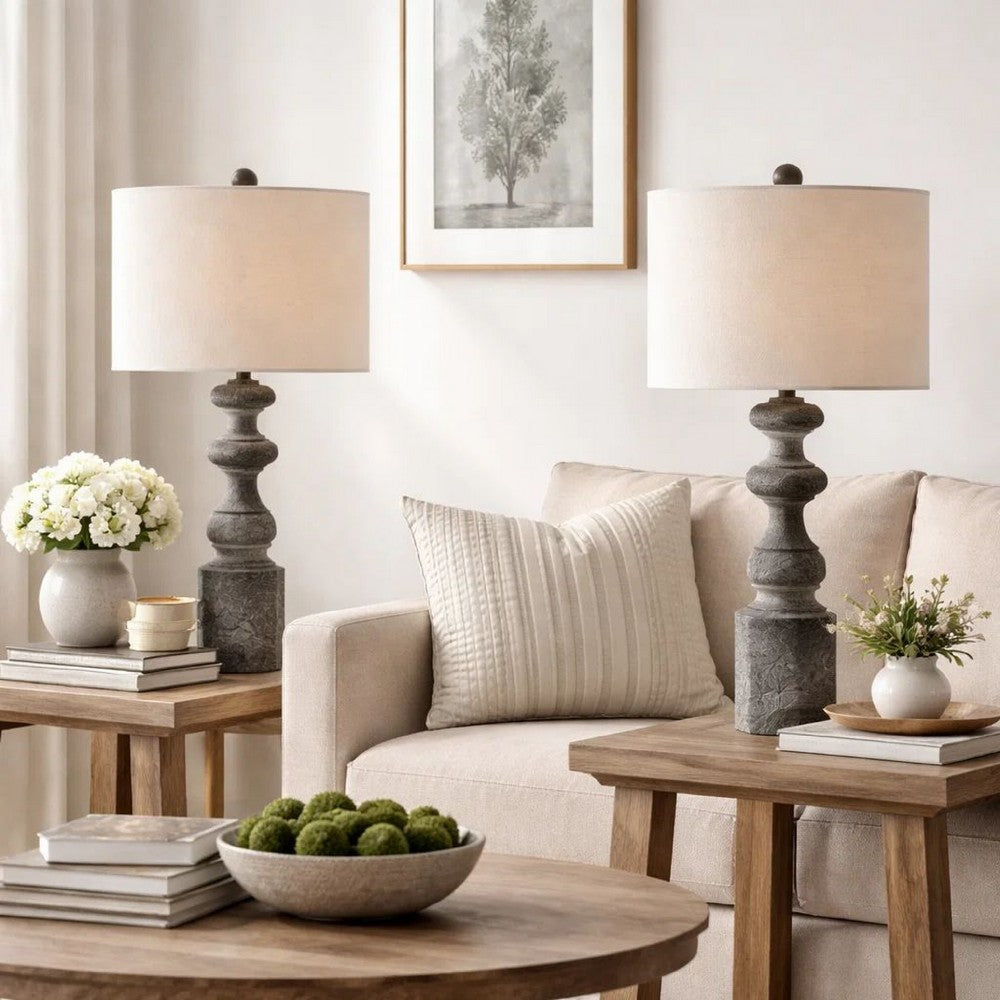 31 Inch Accent Table Lamp, Resin Turned Base, Set of 2, Beige, Gray - BM282179