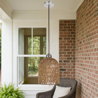 8 Inch Dia. Pendant Ceiling Light Fixture, Rope Woven Shade, Brown, Chrome - BM282186