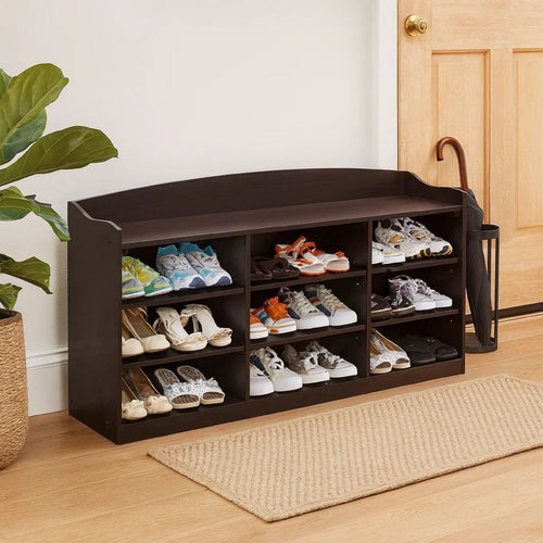 shoe rack with plants Benjara 48 Inch Classic Wood Shoe Rack, 9 Cubbies, Elegant Wood Grains, Dark Brown - BM282631