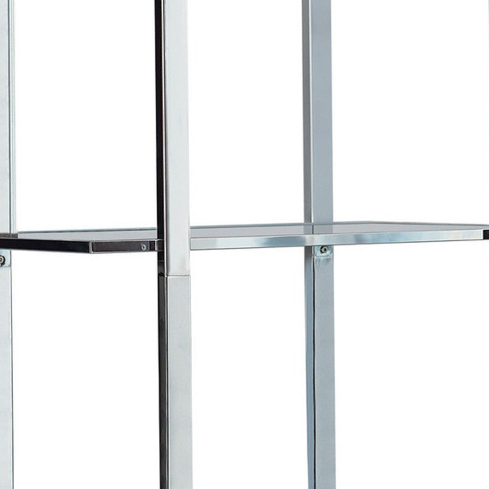 79 Inch Bookcase, Metal Frame, Tempered Glass Shelves, Polished, Silver - BM282971
