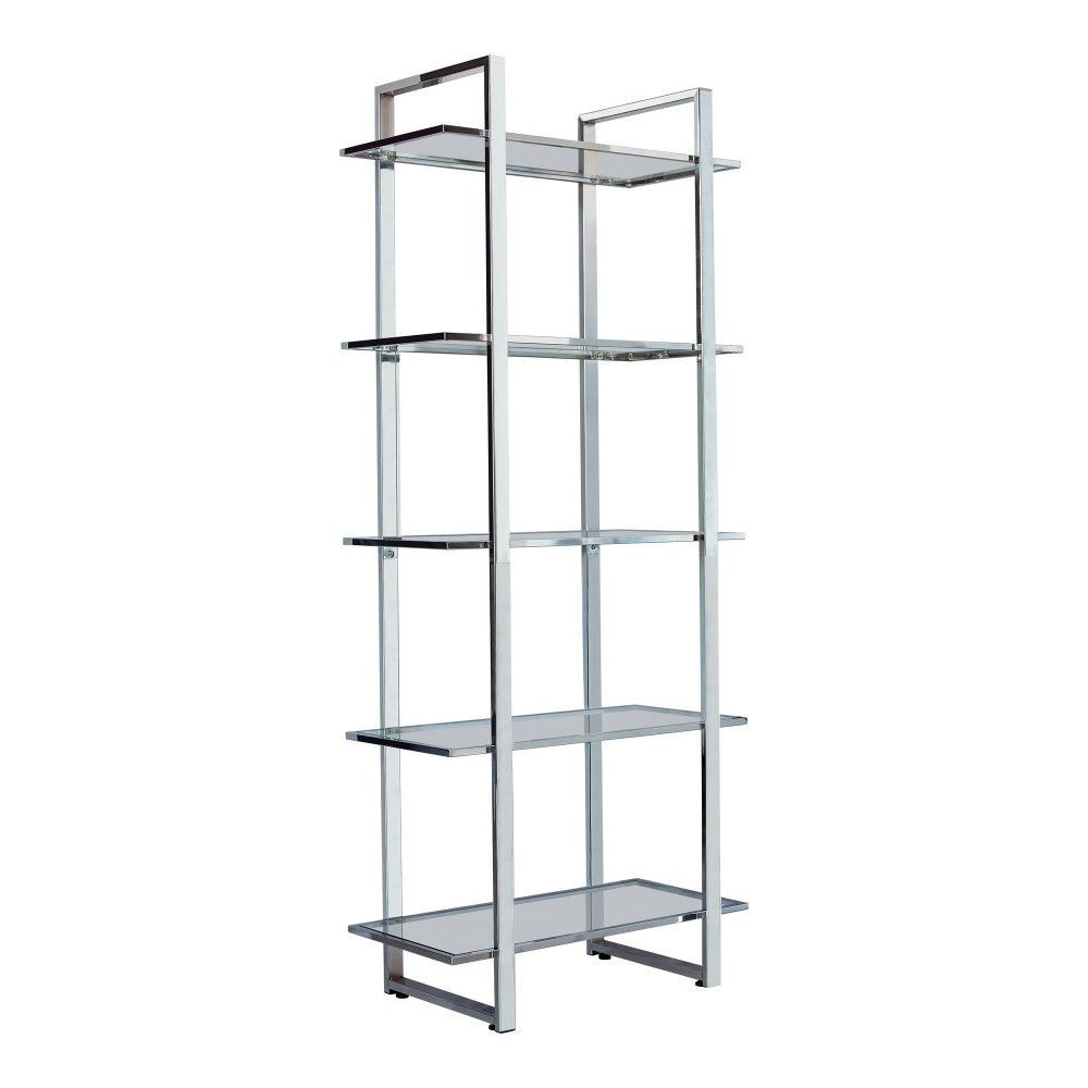 79 Inch Bookcase, Metal Frame, Tempered Glass Shelves, Polished, Silver - BM282971