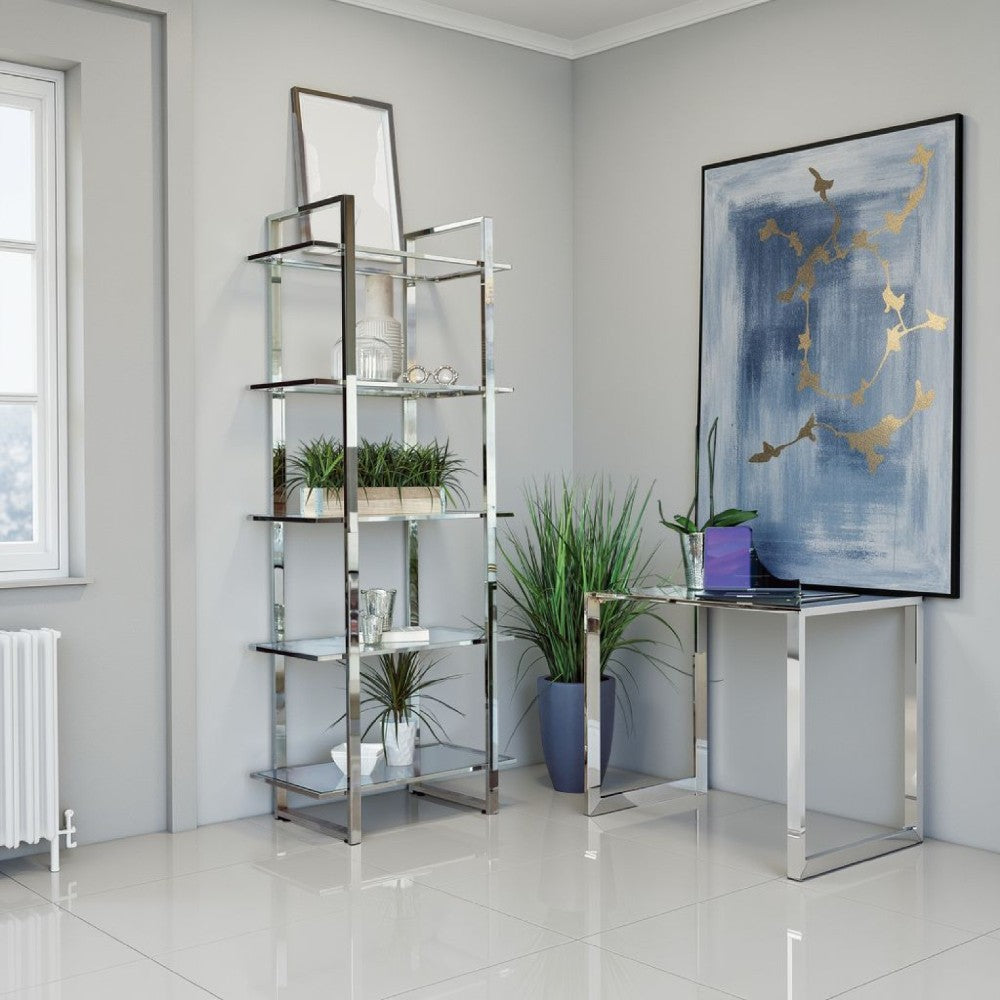 79 Inch Bookcase, Metal Frame, Tempered Glass Shelves, Polished, Silver - BM282971