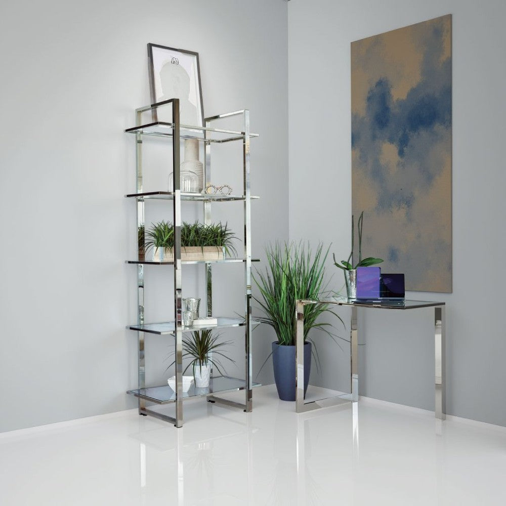 79 Inch Bookcase, Metal Frame, Tempered Glass Shelves, Polished, Silver - BM282971