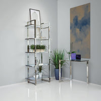 79 Inch Bookcase, Metal Frame, Tempered Glass Shelves, Polished, Silver - BM282971