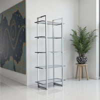 79 Inch Bookcase, Metal Frame, Tempered Glass Shelves, Polished, Silver - BM282971