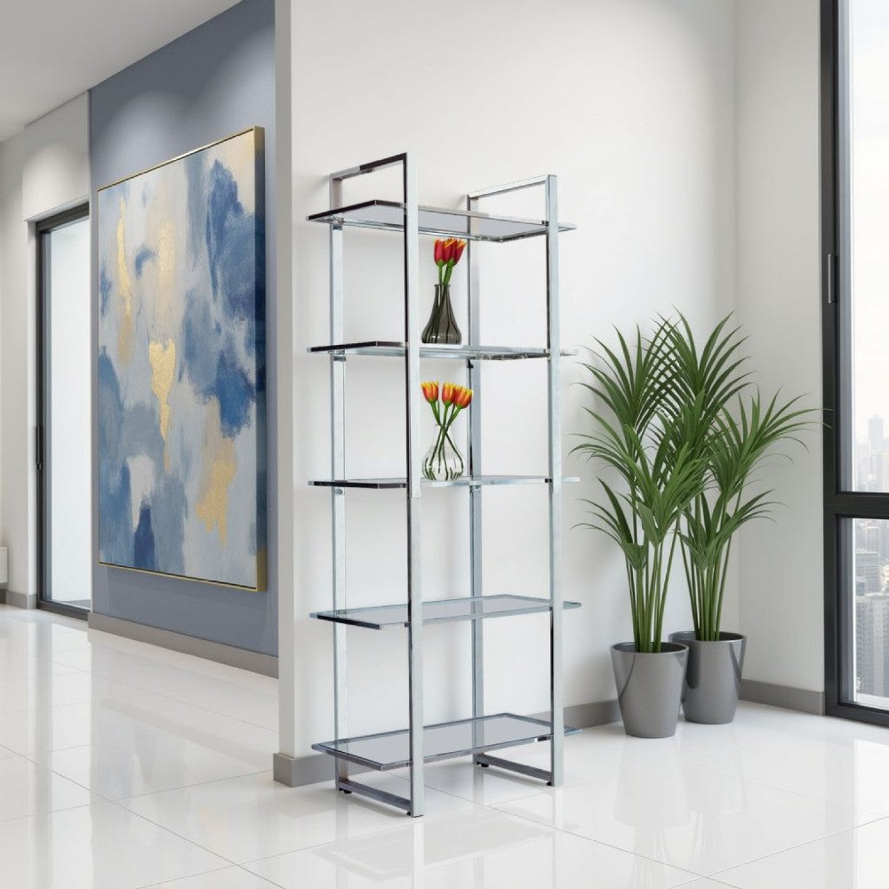 79 Inch Bookcase, Metal Frame, Tempered Glass Shelves, Polished, Silver - BM282971