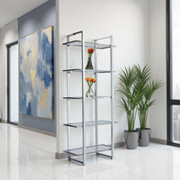 79 Inch Bookcase, Metal Frame, Tempered Glass Shelves, Polished, Silver - BM282971