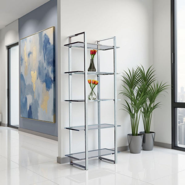 79 Inch Bookcase, Metal Frame, Tempered Glass Shelves, Polished, Silver - BM282971