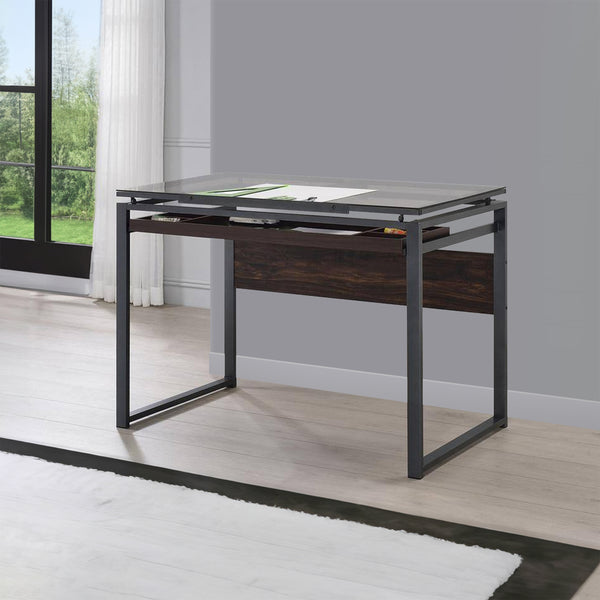 44 Inch Drafting Desk, Adjustable Smoked Glass Top, Shelving Tray, Brown - BM282972