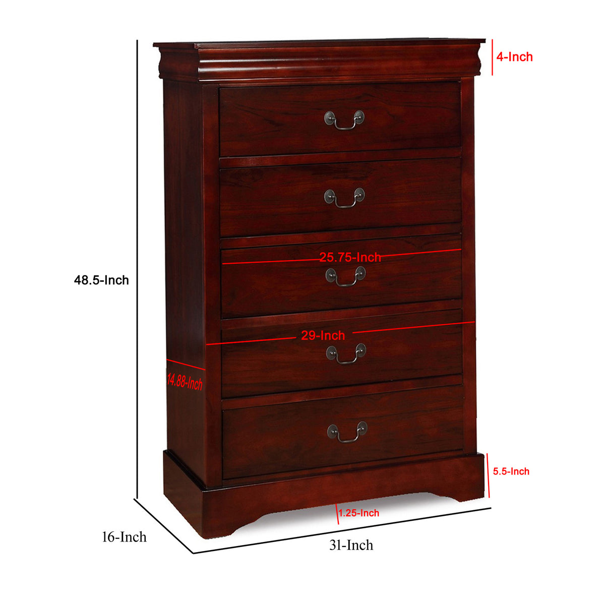 Liam 48 Inch 5 Drawer Wood Tall Dresser Chest, Molded Trim, Cherry Brown - BM283194