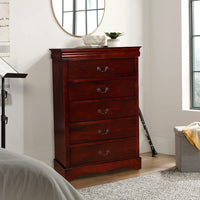 Liam 48 Inch 5 Drawer Wood Tall Dresser Chest, Molded Trim, Cherry Brown - BM283194