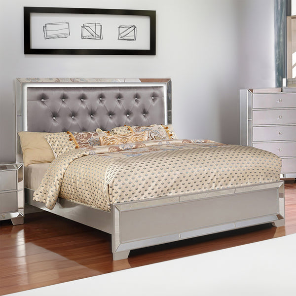 Eli Crystal Tufted Queen Bed, LED, Mirror Inlays, Wood, Gray Velvet, Silver - BM283198