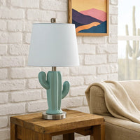 22 Inch Accent Table Lamp, Cactus Designed Body, Metal Base, Blue, White - BM283268