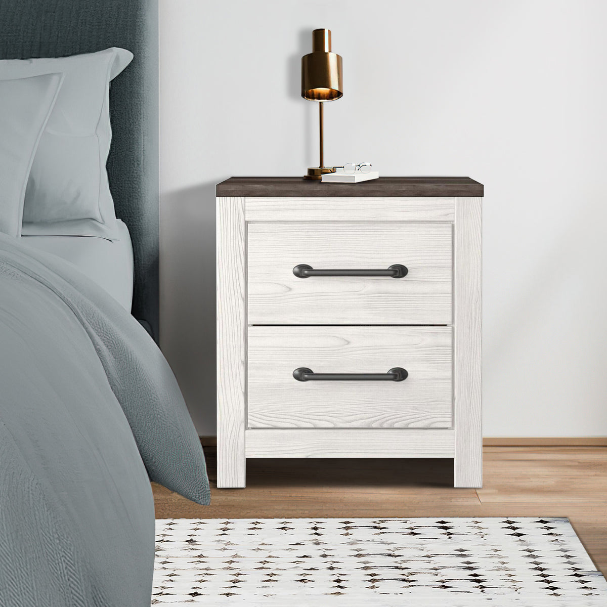 Jule 25 Inch Modern Rustic Wood Nightstand, 2 Tone, Gray Plank Top, White